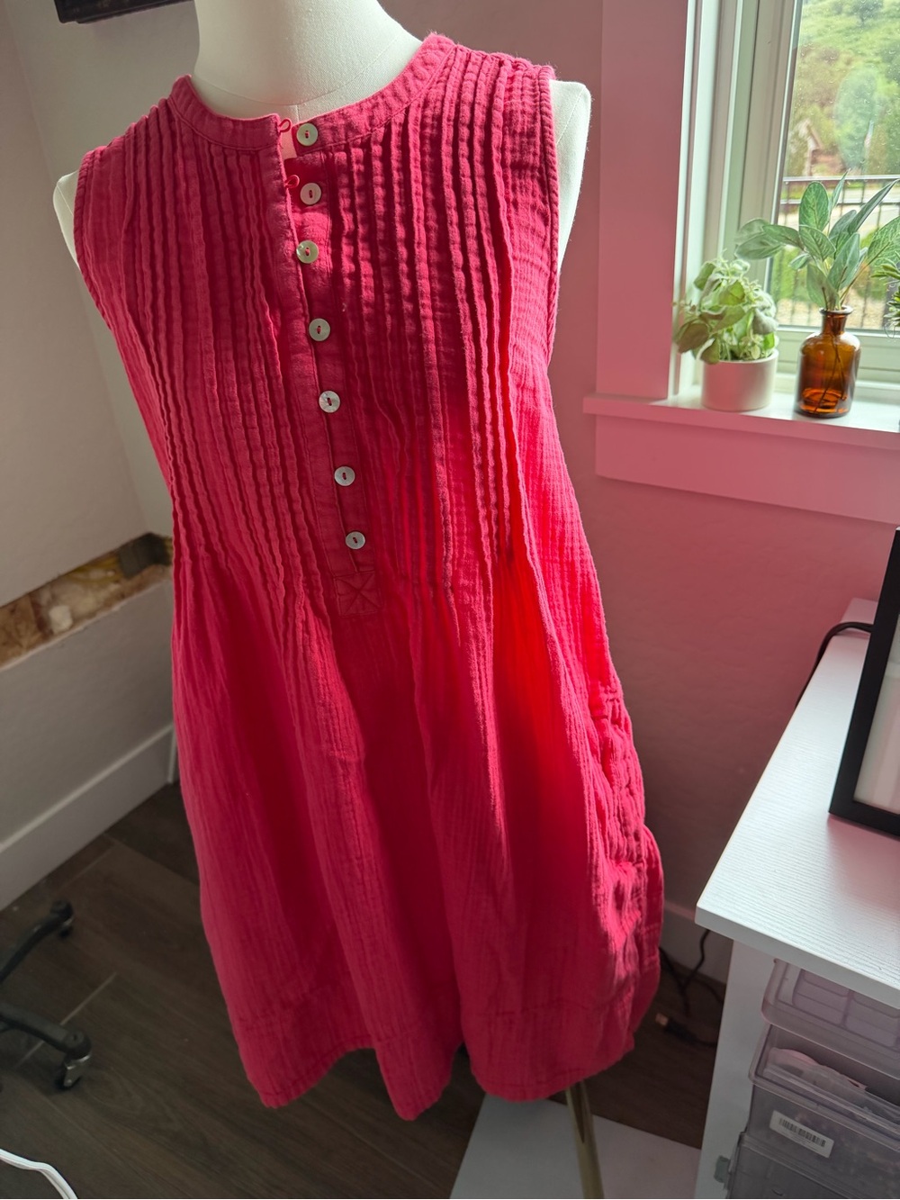 Quince Hot Pink Pintuck Sleeveless Button-Front Tunic Dress